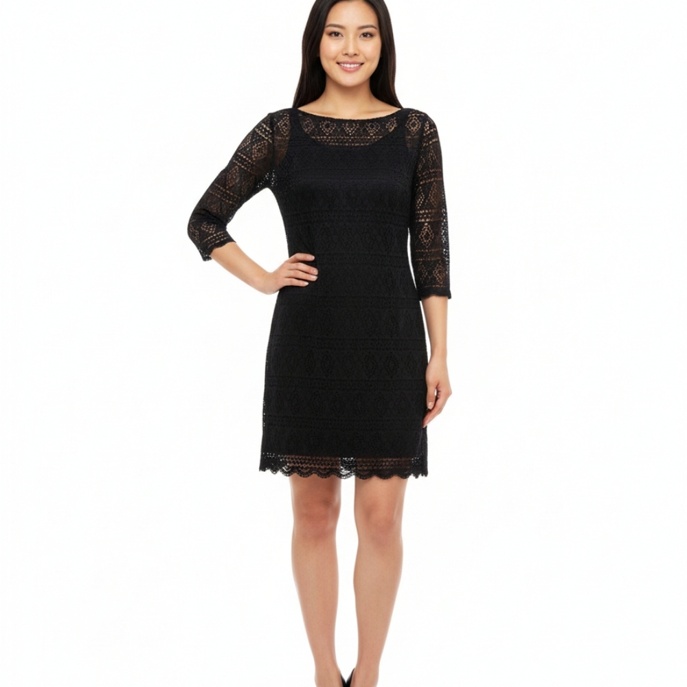 Express Black Eyelet Dress, with black slip dress underneath